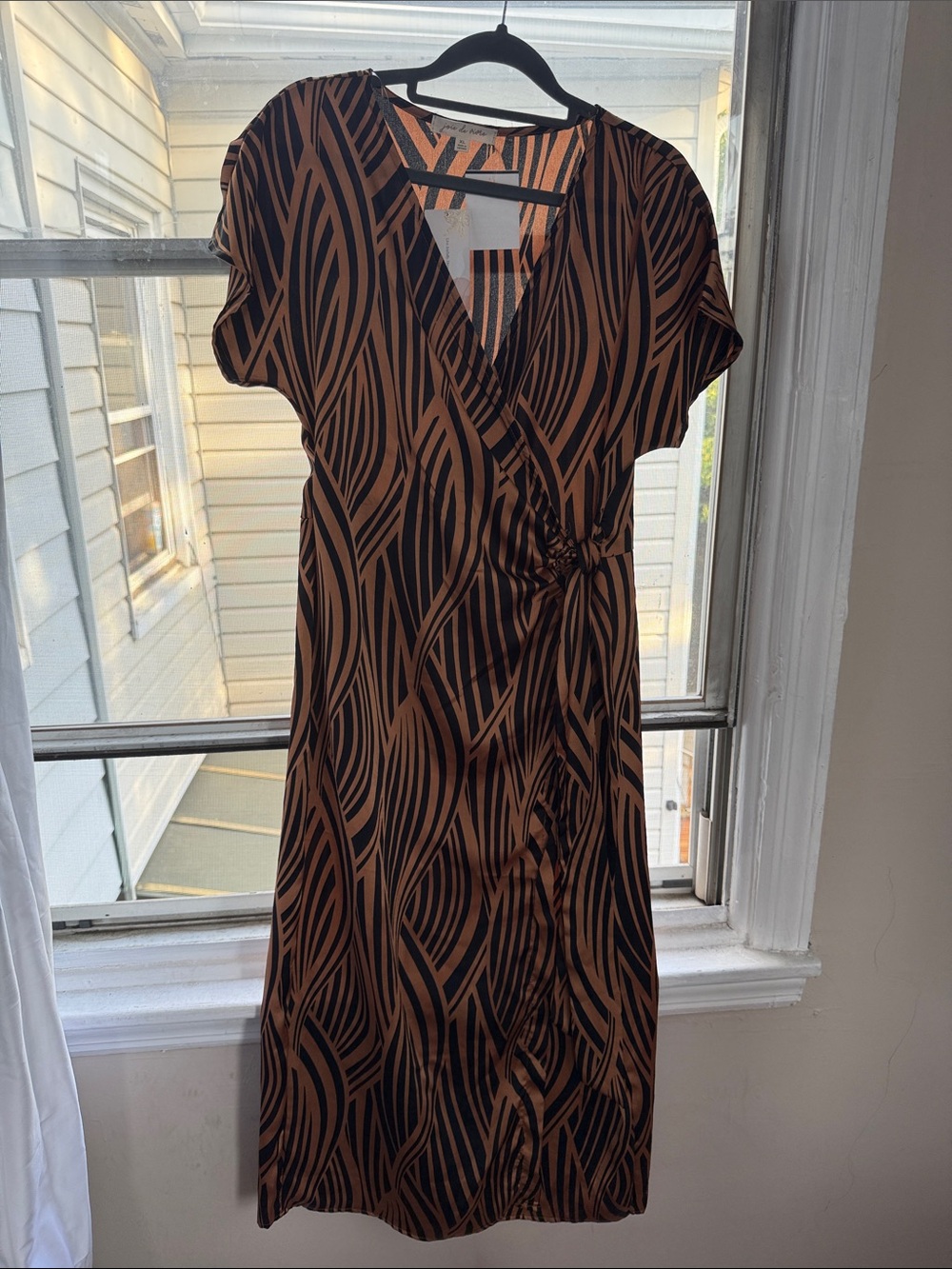 Wrap-Style Midi Dress in Brown and Black with Side Tie